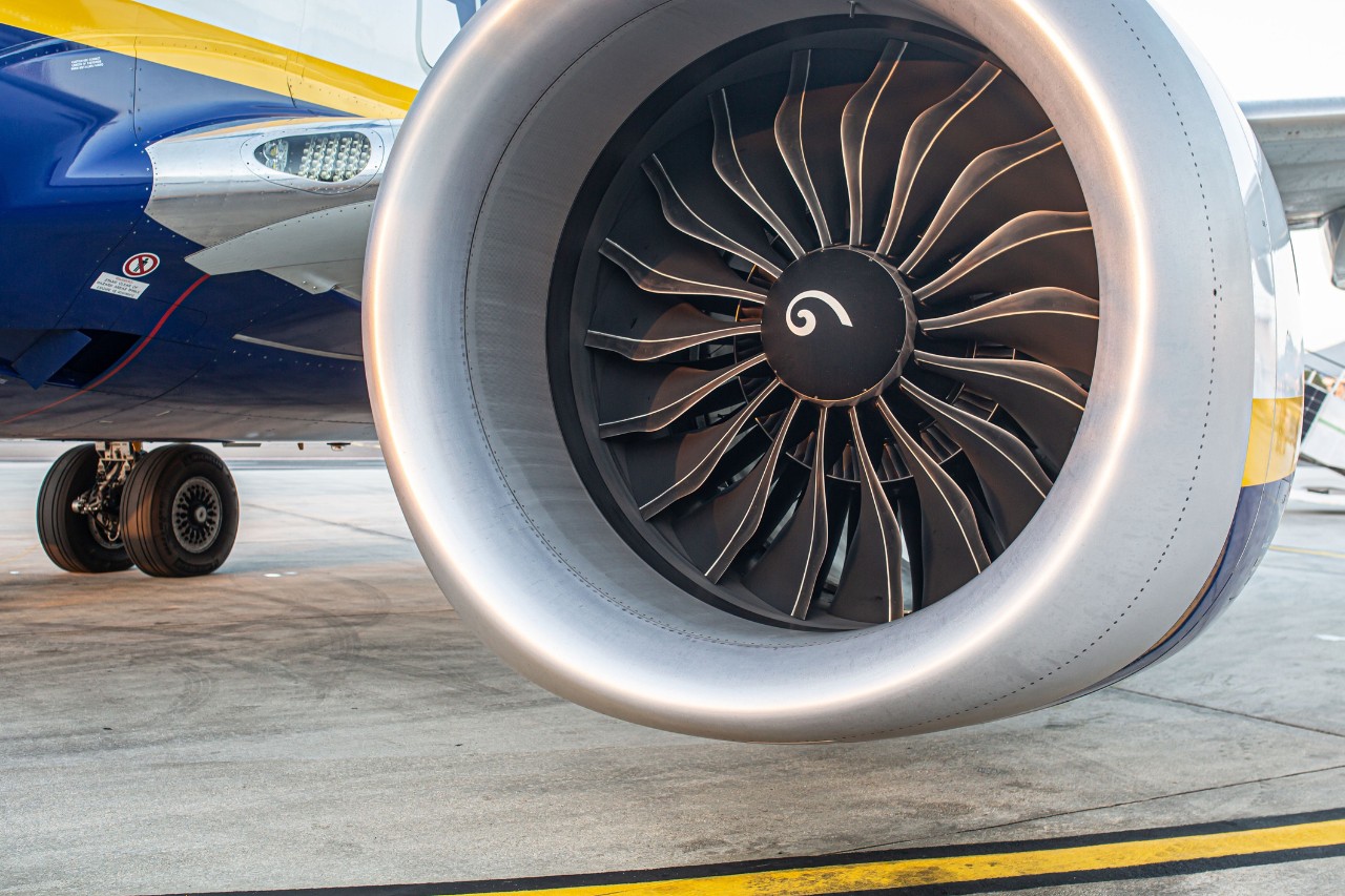 A GE Aerospace engine on a commercial plane.