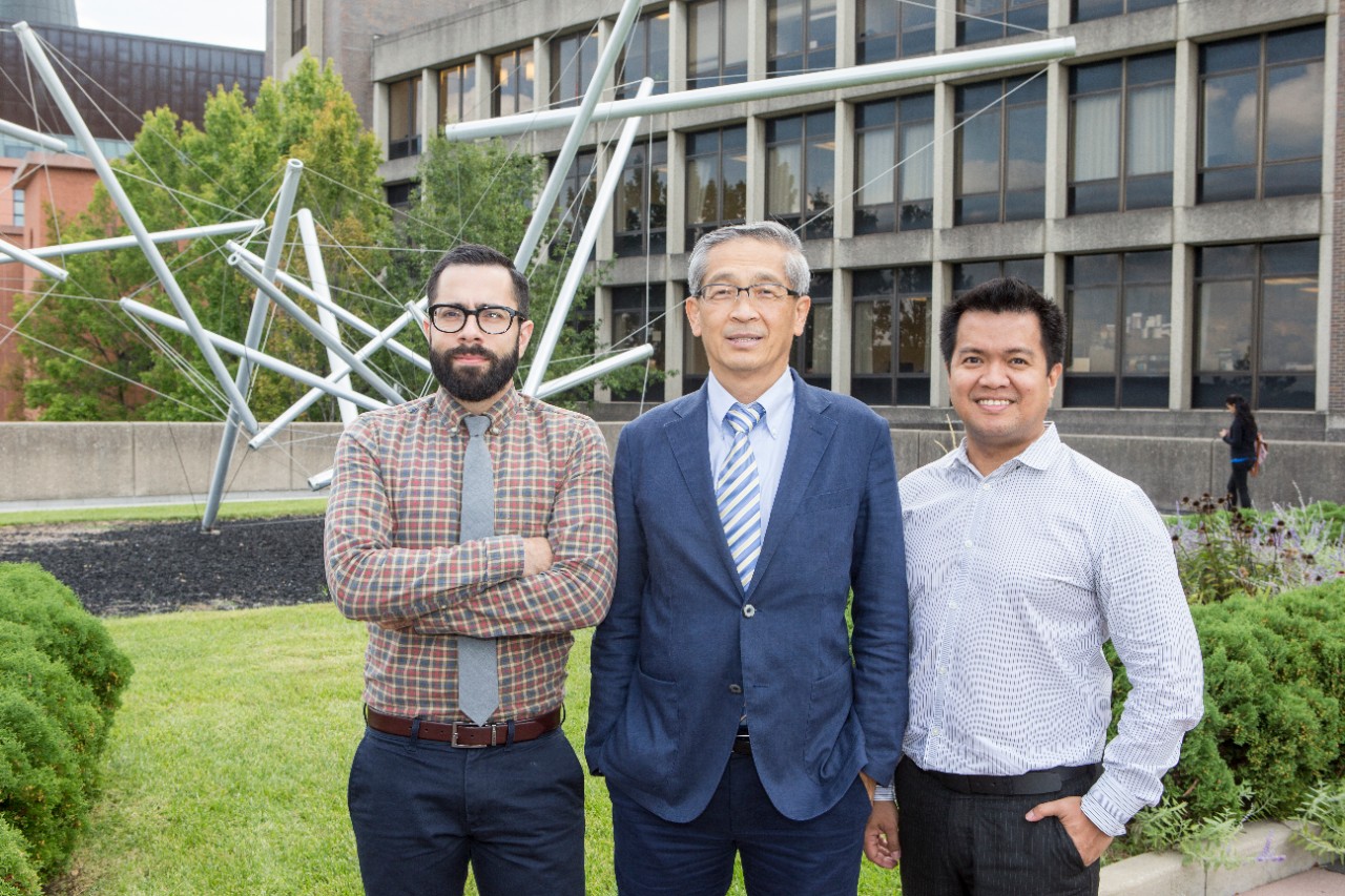 UC alumni Edzel Lapira, Co-Founder & CEO and Patrick Brown, Co-Founder & CFO of their start-up, Predictronics, with Dr. Jay Lee, director of the University of Cincinnati’s Center for Intelligent Maintenance Systems.