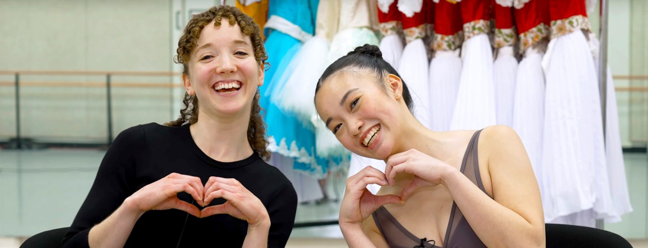CCM Dance Department students Regina Murphy and Celeste Lau in a still image from the mini-documentary about CCM's Spring 2025 production of "Coppélia."
