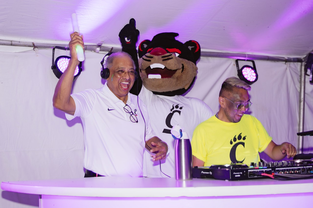 UC President Pinto joined DJ Peter Pancake and the Bearcat to drop some beats for UC students on the glowing dance floor.