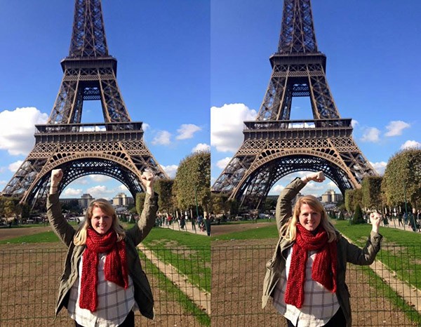 Abby Revetta forms "U" and "C" with her arms in front of the Eiffel Tower